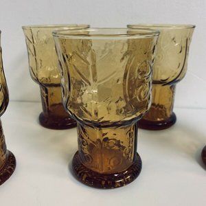 Vintage Libbey Glass 5 Amber Country Garden Daisy Flower Juice Water 5"